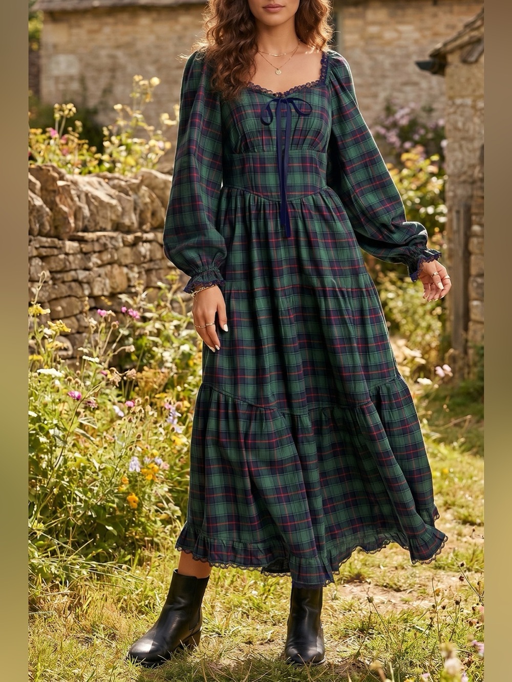 Plaid Long Sleeve Tiered Midi Dress